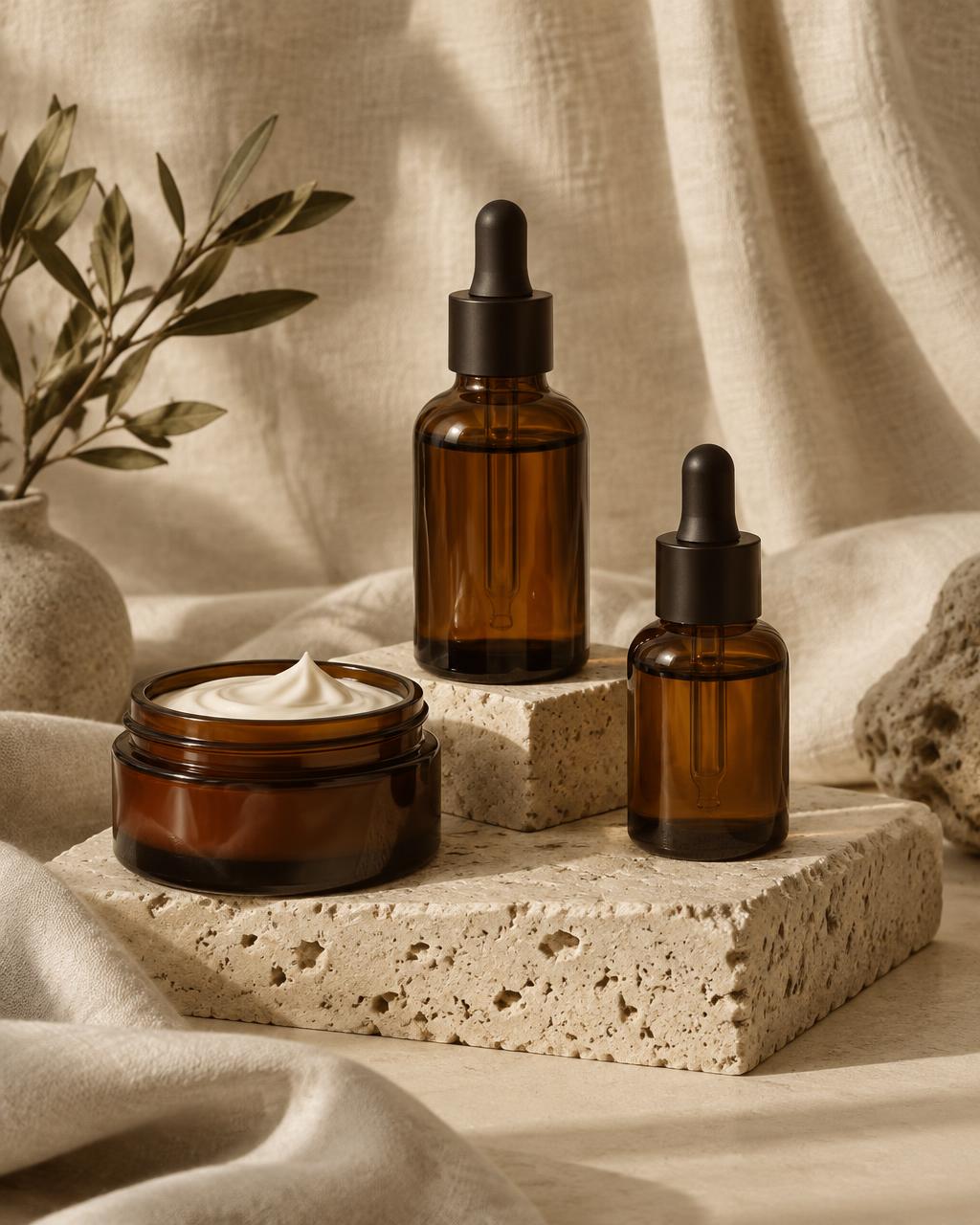 Skincare serums and creams on warm stone
